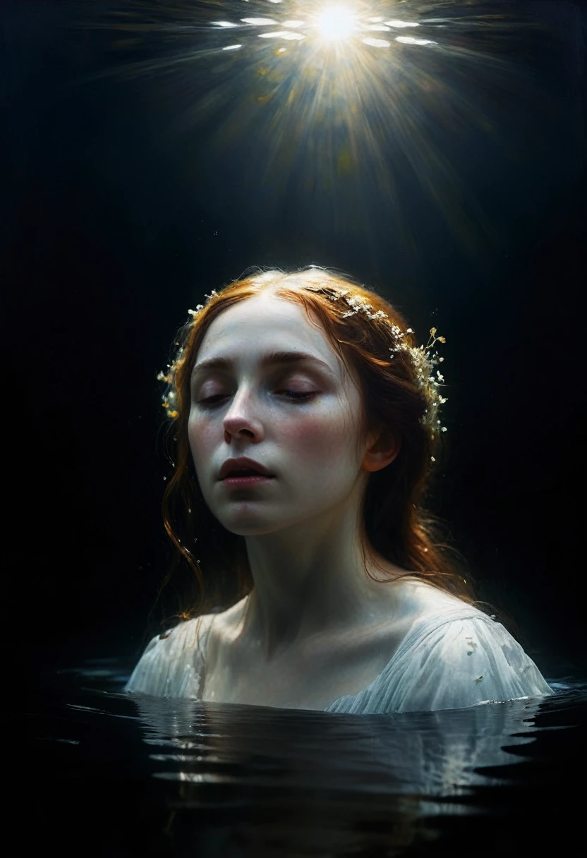 painting of a Ophelia lies on the surface of the water, sun spots on her white face, dark atmosphere, cinematic scene, volumetric lights, ultra realistic, in the style of nicola samori