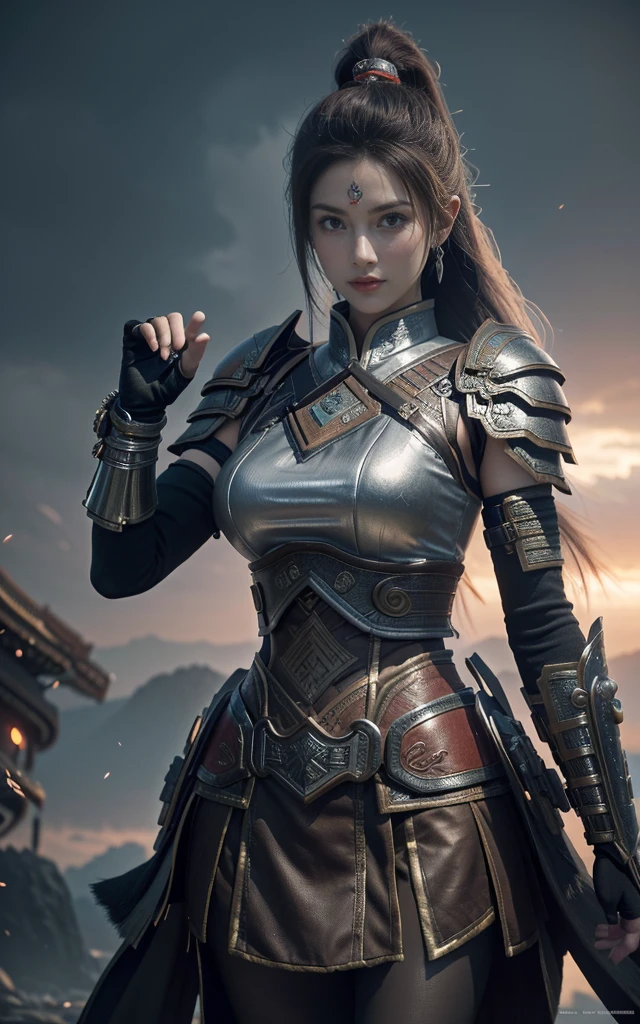 Game Art,Best picture quality,Maximum resolution,8K,(A bust photo),(portrait),(Head close-up),(Rule of Thirds),Unreal Engine 5 rendering works, (Future Girl),(Female Warrior),
15-year-old girl,(Ancient Chinese general),Eyes full of details,(Large Breasts),Elegance and nobility,indifferent,brave,
(Wearing ancient Chinese style armor,Tang Dynasty armor,The costumes are rich in detail,Metallic luster,Silver gray),Chinese characters,Fantasy style,
Photo poses,(Complex battlefield background),Movie Lighting,Ray Tracing,Game CG,((3D Unreal Engine)),OC rendering reflection mode