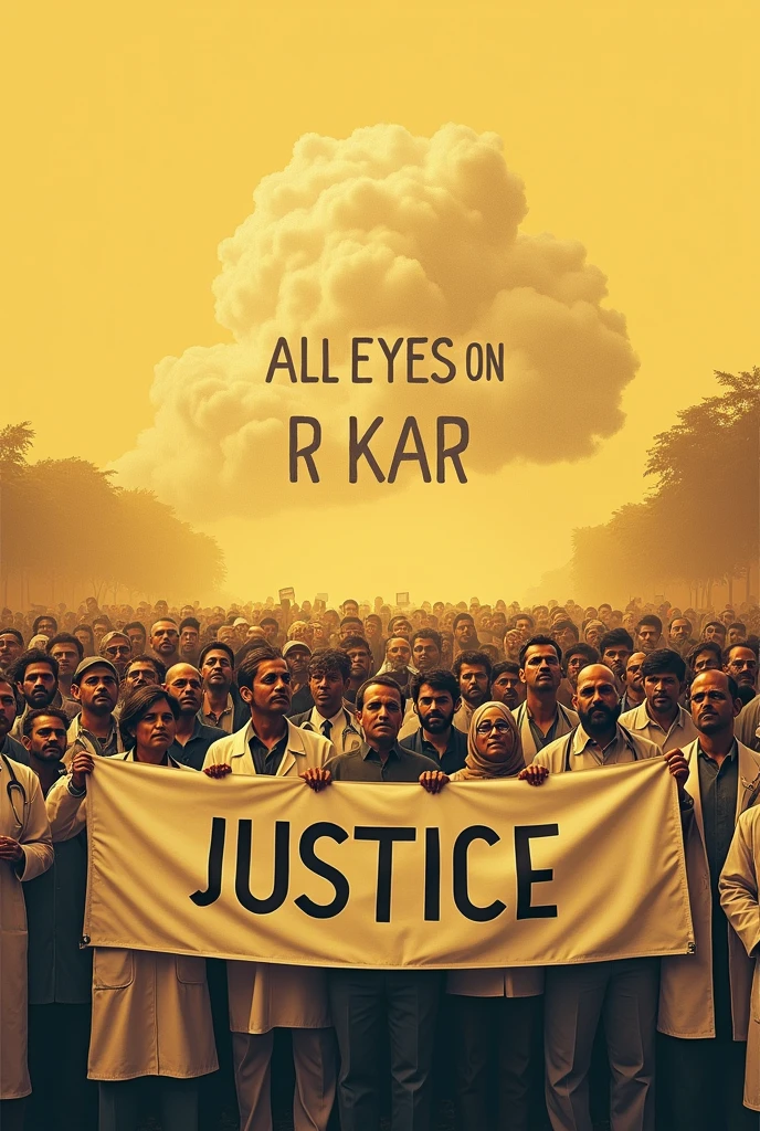 Indian doctors protesting by holding a banner'JUSTICE'..[VERTICAL IMAGE], yellowish,medium contrast .. 100 of doctors are very angry and some are crying .. realistic picture.. women doctors are also angry..in. the sky there is a line by cloud "ALL EYES ON R G KAR"..they are holding banner "Justice"