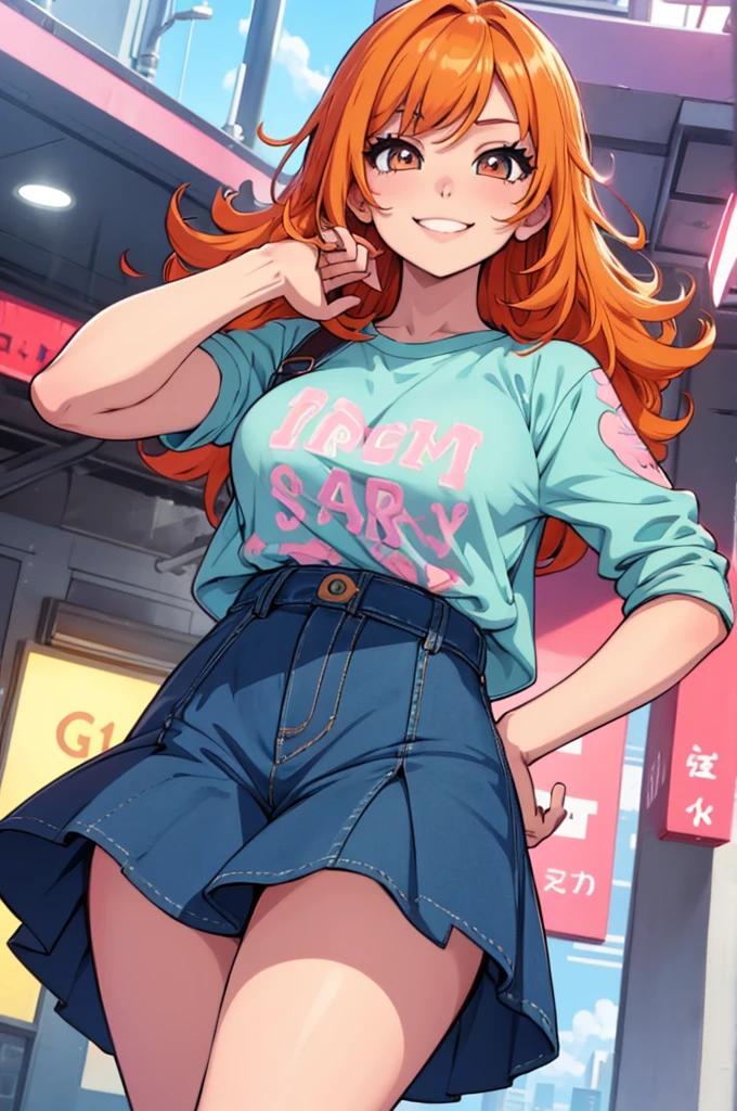 adorable anime girl, vibrant orange hair, large sparkling eyes, cute smile, wearing a stylish outfit, pastel color palette, playful pose, detailed background, bright and cheerful atmosphere, soft shading, high detail, high resolution
