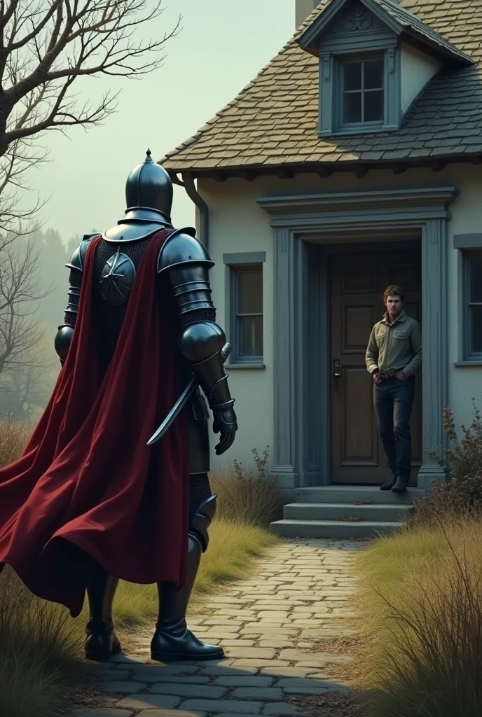 The knight gets off his horse and approaches the house. He is now in a calmer posture, but still carries an aura of threat. The narrator observes closely, with an expression of growing concern.
  The knight keeps his armor and weapons, but his stance is less aggressive. The narrator is near the entrance of the house, trying to hide his nervousness as he watches the knight approach.