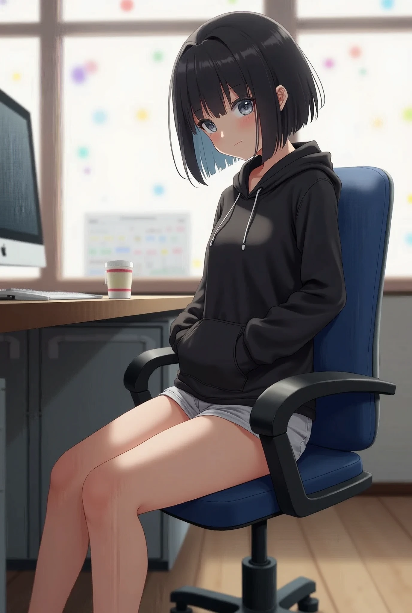 A girl sitting in an office chair in a streamer-like room。Looks like an elementary school student、Black short bob。With a neutral face、Height: about 140cm。slender and small breasts。Wearing a black hoodie、Shorts underneath。Her slender bare legs are exposed.