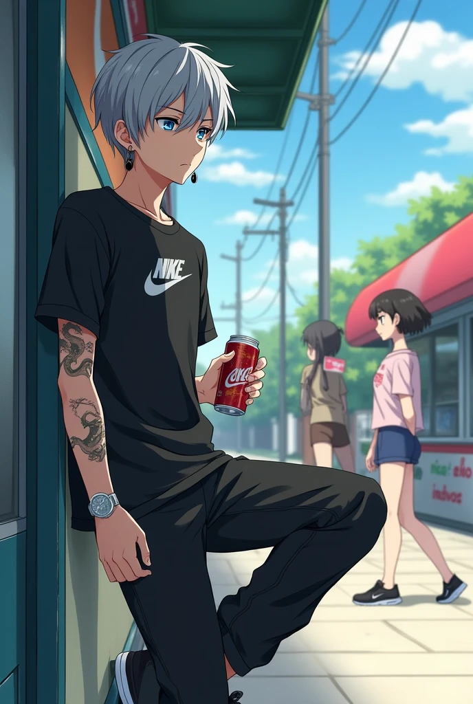 a 16 year old boy,in anime style of the Seinen Genre.
His appearance is Gray Hair, grayish blue eyes and light beige skin color.
Wearing a Black Nike T-Shirt , Black Pants and Black Nike Sneakers.
He is wearing black earrings in his ear, wearing a small silver watch on his left arm.
He is leaning against a wall, outside convenience store.
And he's holding a can of soda .
He has a stoic expression on his face.
He has a Dragon tattoo on his right arm..
Two girls in the background are admiring him from afar.