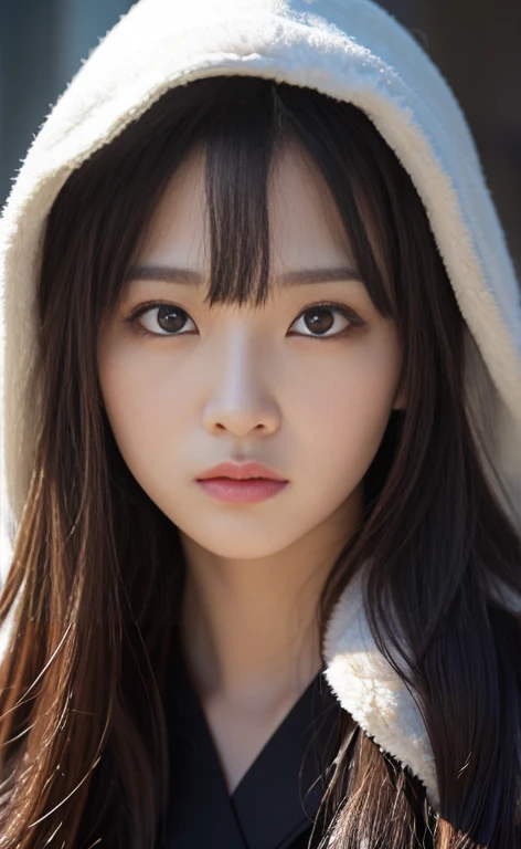 Live-action portrait of Megumin、Characters of blessing this wonderful world、Depicted as a real person、Black Hair、Red Eyes、Wearing a witch-like outfit、tyranny、In oneself、A frightened expression inside、Dynamic action shots、Ultra-realistic、Detailed facial features、Natural lighting、High resolution