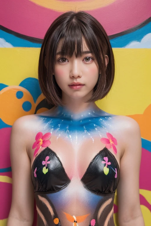 One Girl, (Beautiful girl, Delicate girl:1.3), (:1.3),
break, Browsing Caution, (Body Paint, Colorful floral pattern:1.4), belly button,chest、Nipples、
break, Very beautiful eyes, (Symmetrical eyes:1.3),
break, 小さいchest, Brown eyes, Parted bangs, Brown Hair, (Upper teeth, The best smile:0.2),
break, (Eye and facial details:1.0),
break, (masterpiece, Highest quality, Super detailed, Detailed face, 8k)