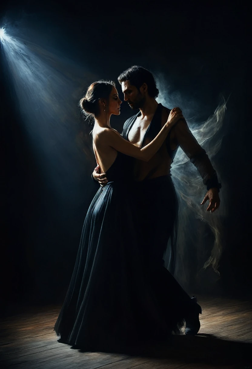 painting of a man and woman dancing in a dark room demonic expressive dance, magic, sorcery, dynamic poses, dark atmosphere, cinematic scene, volumetric lights, ultra realistic, in the style of nicola samori