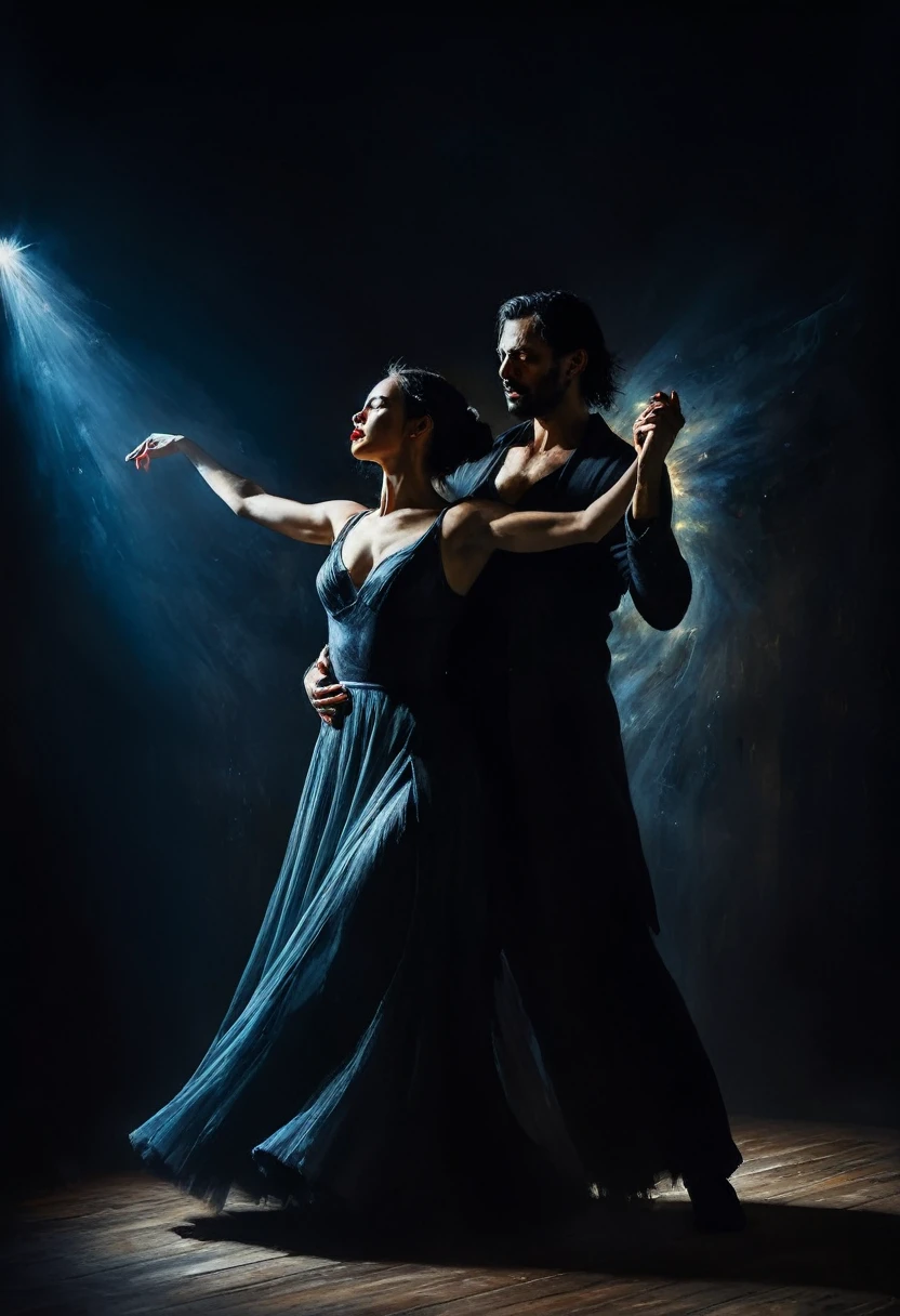 painting of a man and woman dancing in a dark room demonic expressive dance, magic, sorcery, dynamic poses, dark atmosphere, cinematic scene, volumetric lights, ultra realistic, in the style of nicola samori