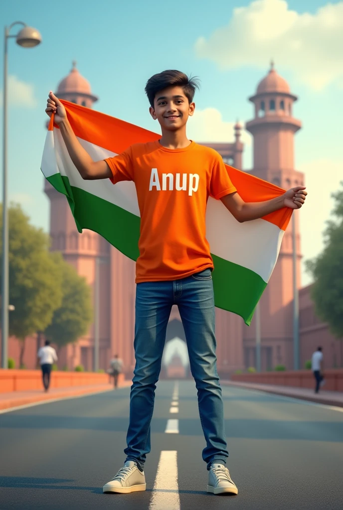 A real 25 years old boy, Wearing Orange T shirt blue jeans sneakers and the name “Anup” is written on his t-shirt and the boy is standing on the road with holding a national flag of India, and behind him is the Red Fort Delhi. And written on sky “Independence Day” Create Realistic image high quality