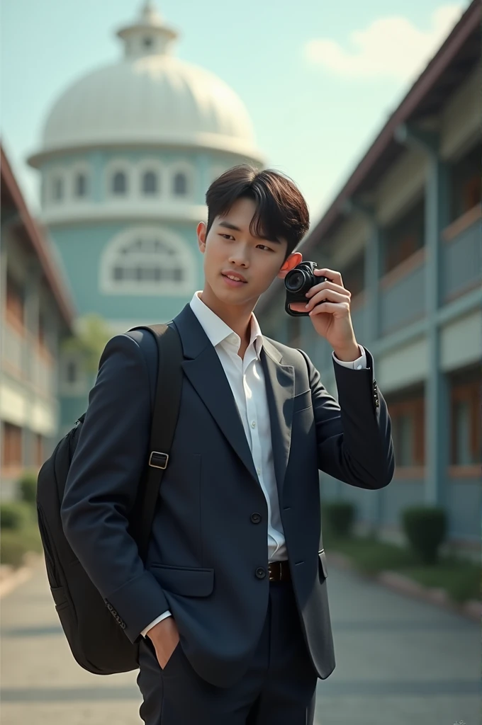 An 18 year old Vietnamese man wearing a suit, Korean hairstyle and taking a photo of his school memories