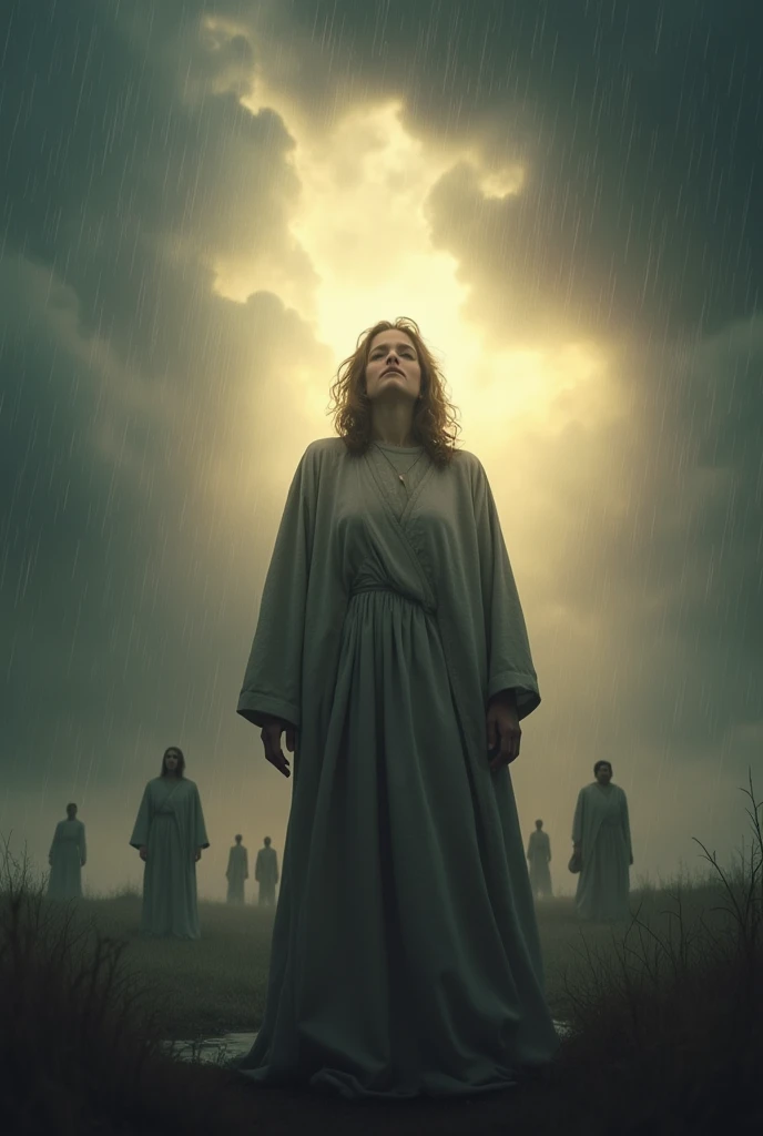 Create a highly realistic image of a person standing strong amidst a storm, with dark clouds and rain in the background, yet with a calm and determined expression. Despite the challenging weather, a soft, warm light surrounds them, symbolizing God's presence and faithfulness. In the distance, other people are drawn to this light, their faces reflecting hope and joy. The scene conveys the idea of being a beacon of God's love and grace, bringing hope and comfort to others even in difficult times