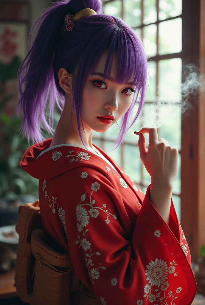 Girl use a kimono, very beautifull, very cute, dominant girl, with red eye, purple hair, sexy body, while smoking, hair tied in a flat-headed ponytail, full HD, 4K Resolution