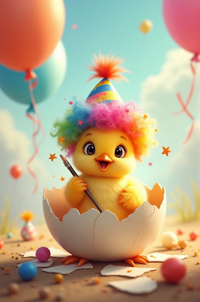 Super cute chick drawing in its shell with a clown wig and colorful balloons