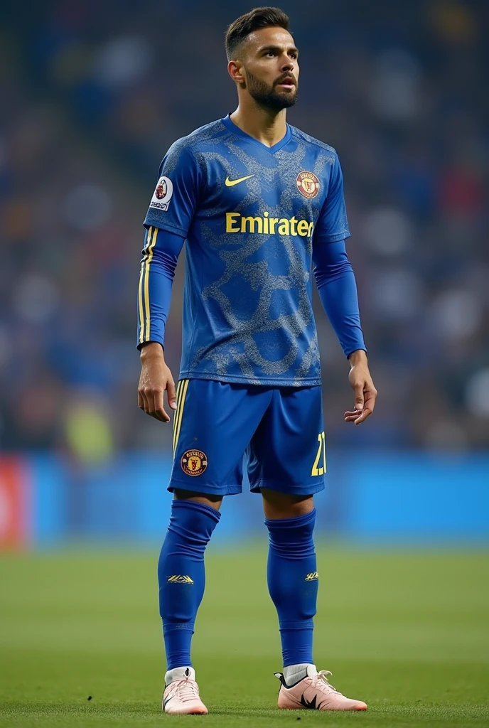 man soccer player, that has a primary blue uniform with secondary yellow. the very elegant uniform. with elegant designs, not common, that has elegant sublimations, and most importantly, long sleeve and blue socks. that is elegant but creative
