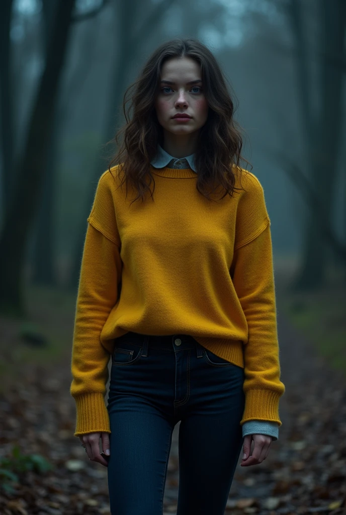 Fille brune portant un pull jaune qui descend de ses epaules sur un habit bleu nuit un jean noir, de dos, debout dans une forêt très brumeuse la nuit ;a droite de l'image sombre
''Breeze'' écrit en haut de l'image (police:16)
''walfwalker'' écrit en bas
