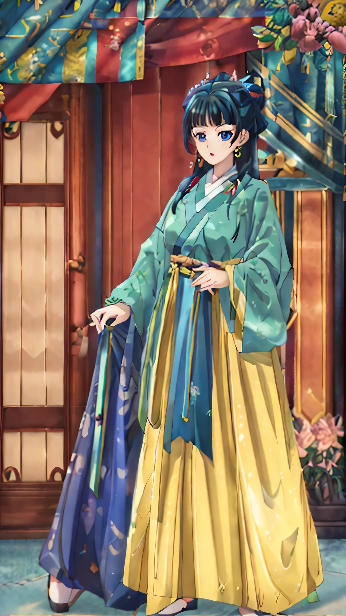 (((Highest quality、Ultra-high resolution、masterpiece: 1.6))), Highly detailed anime art style, Style, (Off the shoulder,Earrings, The lavish interior of the Tang Dynasty harem), Detailed green hair, Detailed blue eyes, Complicated hairstyle, Long Hair,Sparkling eyes,like々Shii,hair accessory, Wearing Chinese Earrings, She has a hairpin on her head、Half Up, Slightly blunt bangs, Detailed lighting, Bright colors, Looking at the audience, Shot from 45 degrees above、Narrow waist、Look forward、Stand in the center of the image、Cowboy Shot,Cat、Curvaceous、Big Breasts、BIG ASS、High-end kimono、Traditional Tang Dynasty Kimono、Deep red lipstick、Courtesan-style costume、