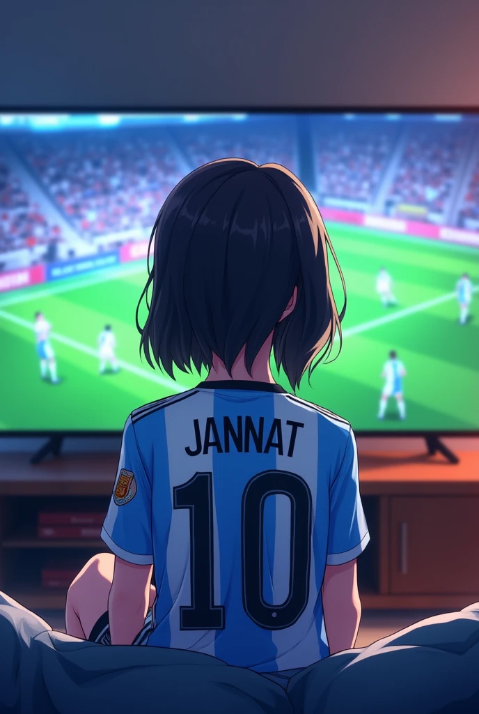 16 years old anime girl with Argentina jersey watching football match on tv and written JANNAT and 10 on the back of his Dress , 4k