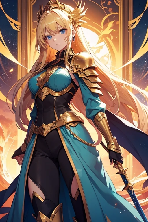 Create an image of a character in ornate golden armor with long flowing hair, standing confidently within an elaborate frame against a sky backdrop. The character is a 25-year-old woman with an anime style. She is wearing tight skinny blue jeans. The character is also wearing armored boots. The character has blonde hair and blue eyes. The background is an autumnal landscape. The character can have a dragon made of electricity. The image should be of high quality and the character should be holding a magical sword.