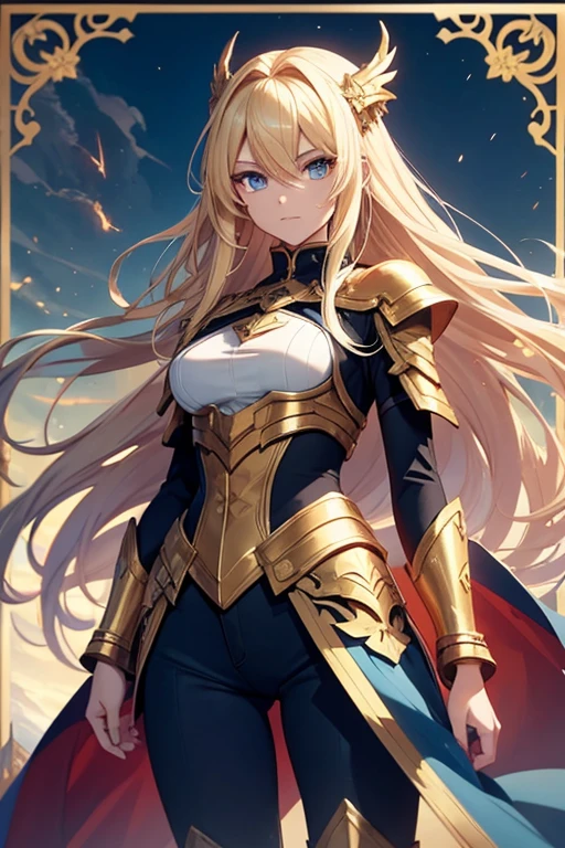 Create an image of a character in ornate golden armor with long flowing hair, standing confidently within an elaborate frame against a sky backdrop. The character is a 25-year-old woman with an anime style. She is wearing tight skinny blue jeans. The character is also wearing armored boots. The character has blonde hair and blue eyes. The background is an autumnal landscape. The character can have a dragon made of electricity. The image should be of high quality and the character should be holding a magical sword.