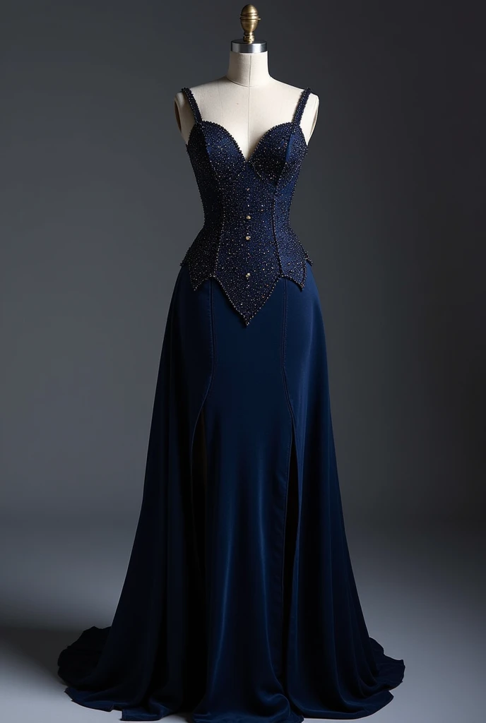 You create a dress that has a neckline on the back and a diamond-shaped neckline on the abdomen that is tight and corset-like on the top and a little loose on the bottom but not too much and that has an open leg that is long and that is dark blue and has sparkles is for a degree