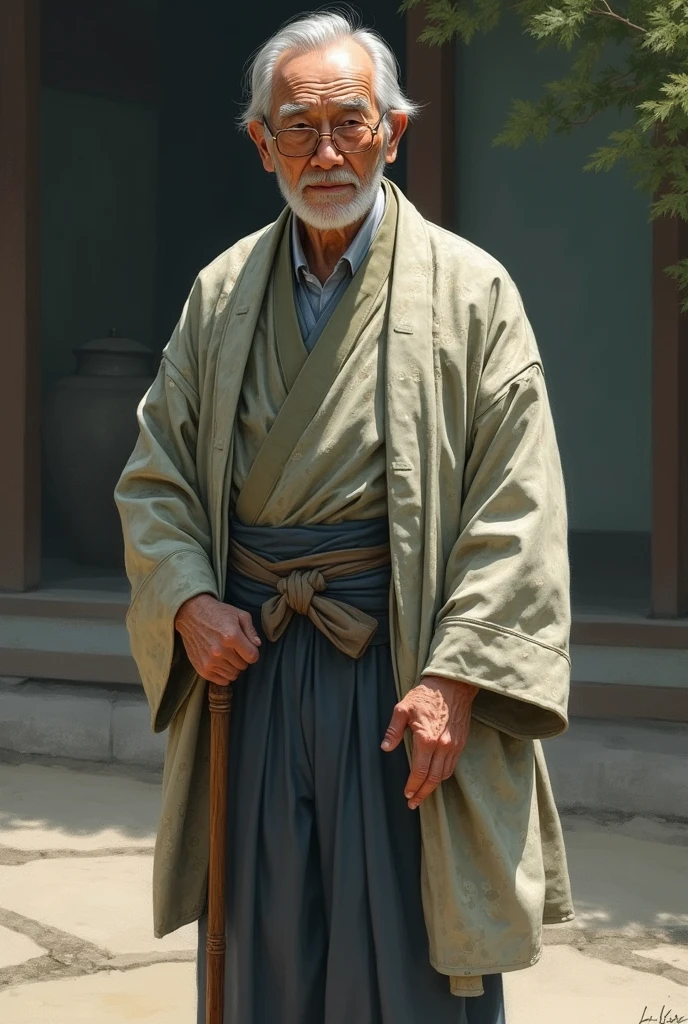 He is a cool old man wearing glasses.。Wearing a kimono and using a cane