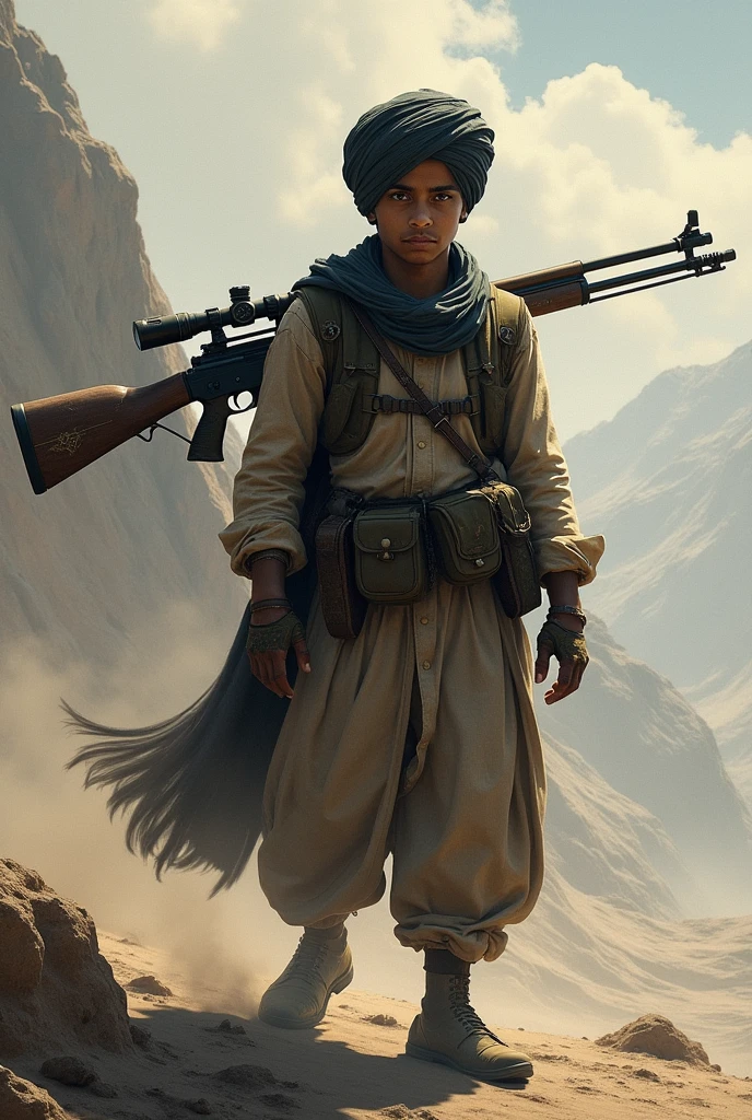 generate an image of a Baloch boy   , standing on the peak of hard dry rocky mountains of Baluchistan in a hot summer weather with a rifle


