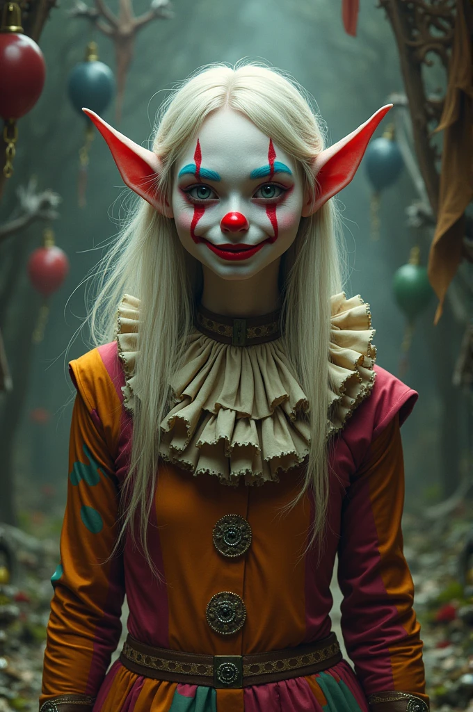 An elvish looking man in clown attire, long hair and mischievous smile