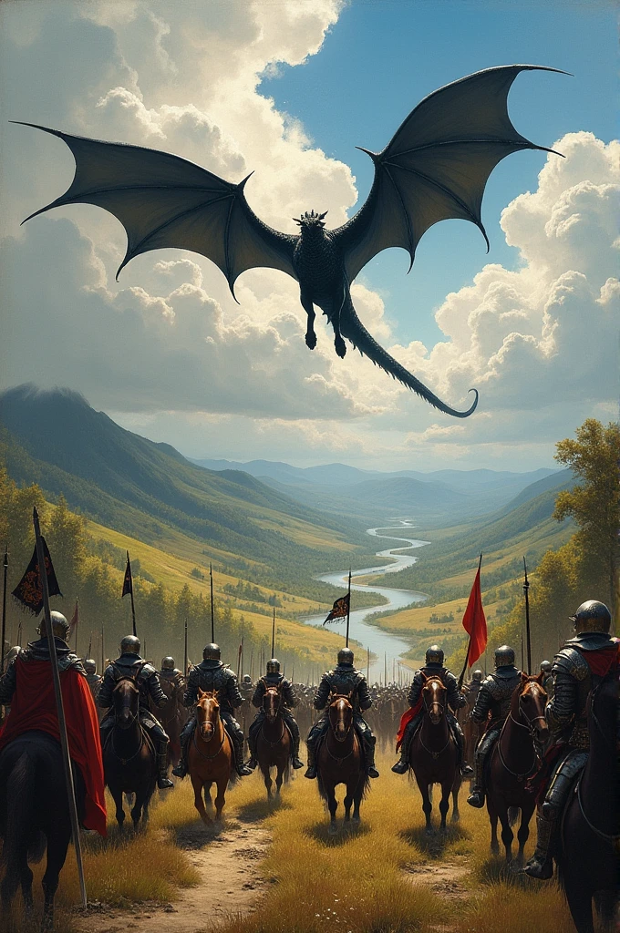 Make a painting of a medieval army marching and far away in the sky a black dragon flying