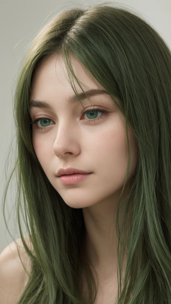 face portrait. a girl. european. oval face. delicate features. long face. green eyes. half-closed eyes. long straight hair. messy hair. green hair. happy. looking straight