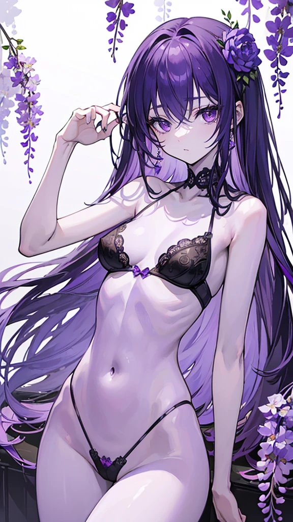 ((True best masterpiece, Ultimately perfect quality, Extremely delicate details)), ((Purple skin, Slim body, Whole body)), A skinny girl with small bust, With purple skin, With purple hair, Wearing a black lingerie, Blooming wisteria