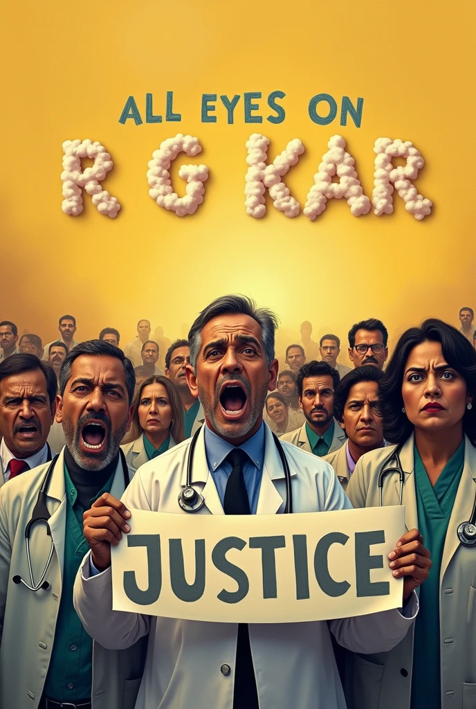 Indian doctors protesting by holding a banner'JUSTICE'..[VERTICAL IMAGE], yellowish,medium contrast .. 100 of doctors are very angry and some are crying .. realistic picture.. women doctors are also angry..in. the sky there is a line by cloud "ALL EYES ON R G KAR"..they are holding banner "Justice"