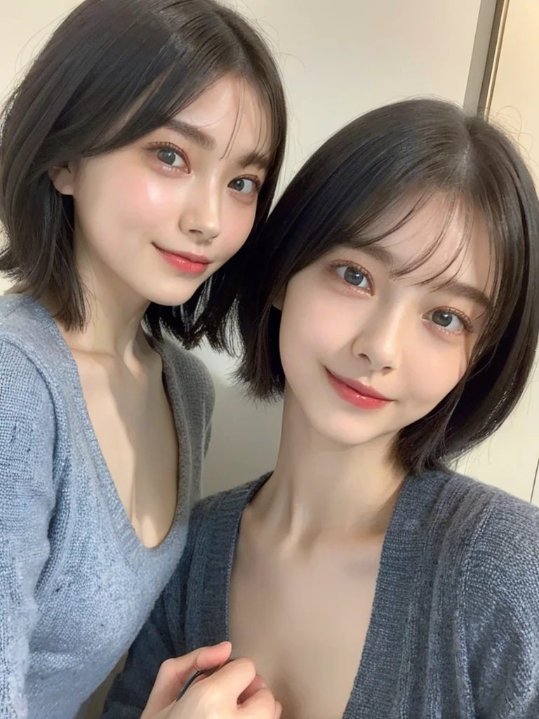 (masterpiece:1.3), (8k, Photoreal, Raw photo, best image quality: 1.4), Japanese high school girl、(random hairstyle:1.2)、cleavage:1.5、super detail face、eye for details、double eyelid、chest to chest、sharp focus:1.2、Beautiful woman:1.4、light brown hair、highest quality、masterpiece、超A high resolution、(Photoreal:1.4)、Highly detailed and professionally lit smiles、loose and light knitwear、shoulder out、thin、serious expression、short haired、deadly position
similar identical twins
All the girls have the exact same face, The two have the same face and figure, as if they were mirror images.