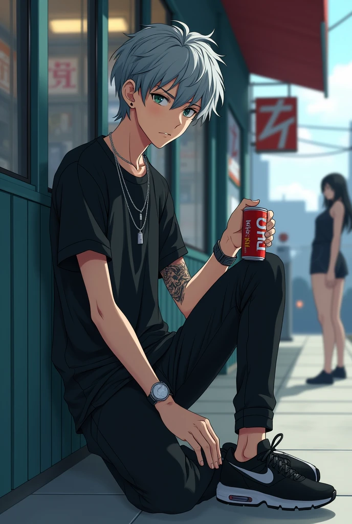 a 16 year old boy,in anime style of the Seinen Genre.
His appearance is Gray Hair, grayish blue eyes and light beige skin color.

Wearing a Black Nike T-Shirt , Black Pants and Black Nike Sneakers.

He is wearing small black earrings in his ear., wearing a small silver watch on his left arm and is wearing a silver chain around his neck. 

He is leaning against a wall, outside convenience store.

And he&#39;s holding a can of soda . 

He has a stoic expression on his face. 

He has a Dragon tattoo on his right arm.. 

Two girls in the background are admiring him from afar. 


