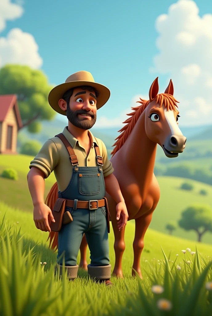 In cinematic 3d cartoon style,, एक किसान अपने घोड़े के साथ खेत में काम कर रहा है। घोड़ा नखरे से और सुख-शांति में है।