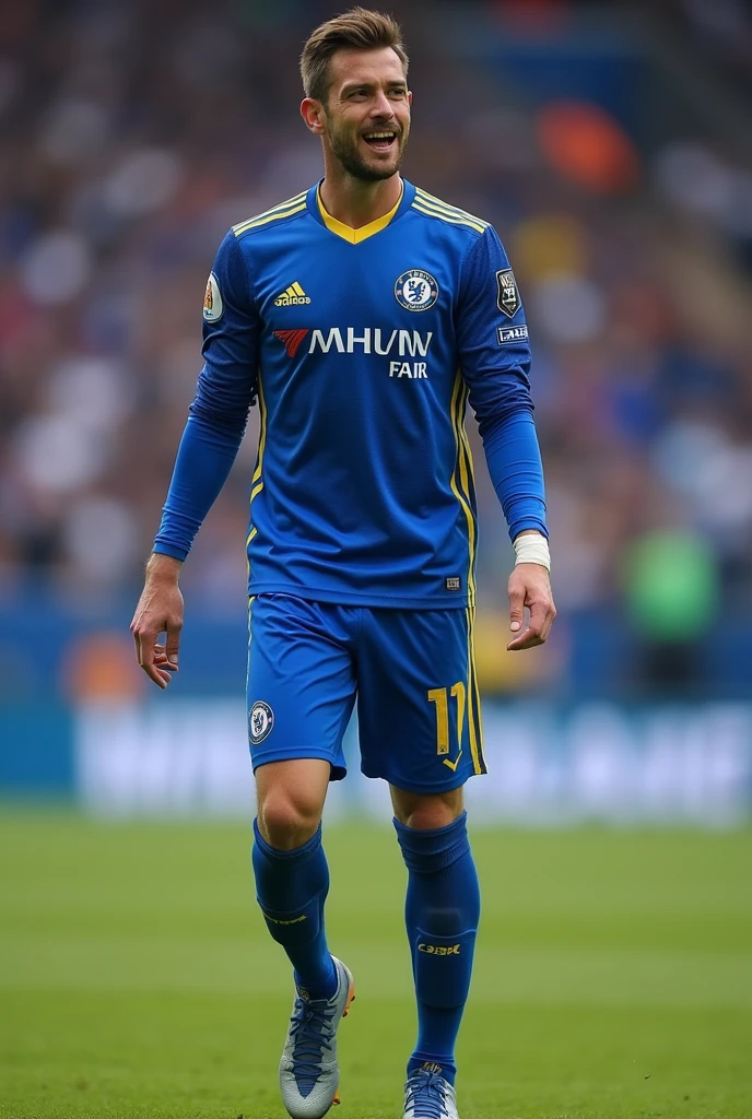 man soccer player, that has a primary blue uniform with secondary yellow. the very elegant uniform. with elegant designs, not common, that has elegant sublimations, and most importantly, long sleeve and blue socks. that is elegant but creative. just elegant
