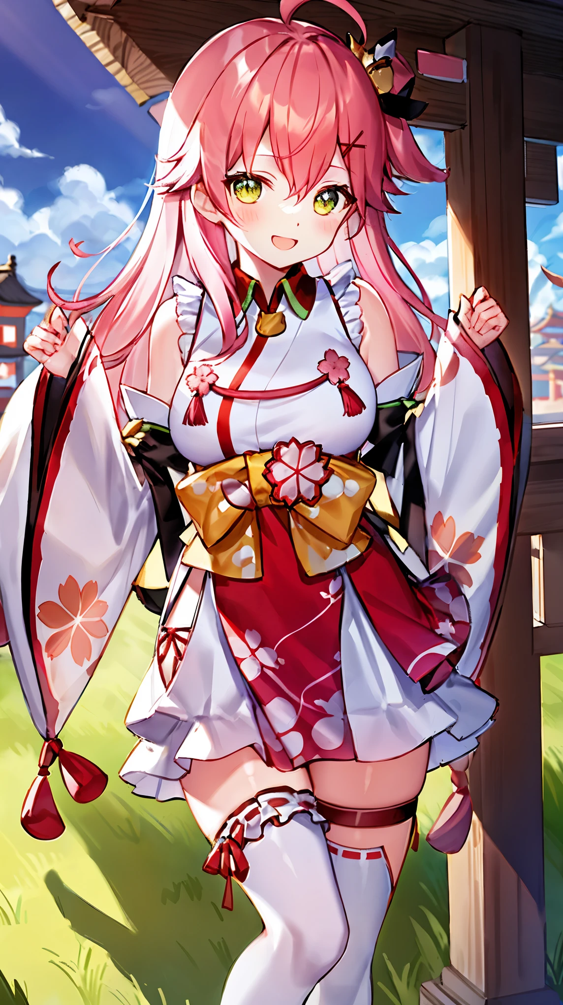 masterpiece, best quality, highres, miko1, sakura_miko, 1girl, big_boobs, solo, ahoge, x_hair_ornament, pink_hair, floral print, hairclip,(side_less_clothes:1.5), (side_boobs:1.5), hair_bell, floral print, long_hair, hair between eyes, one side up, white thighhighs, asymmetrical legwear, wide sleeves, open_mouth,(happy:1.3),gleen_eyes,big_smile,(rise_leg:1.3),plump,apart_legs,(overly_long_sleeves:1.3),),sleeves_past_wrists,hands_hidden_sleeves,sidelock_clothes,dynamic_posing,solo,hidden_wrists,(XD:1.4),covered_nipples,sunlight,cherryblossom_temple_landscape_background,