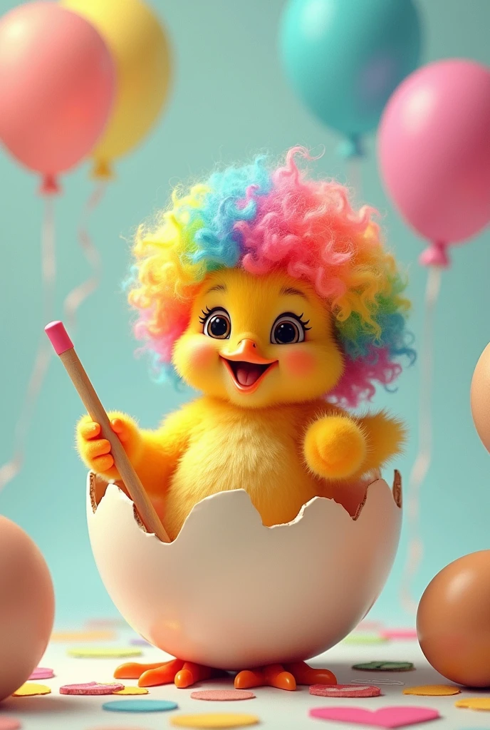 Super cute chick drawing in its shell with a clown wig and balloons together