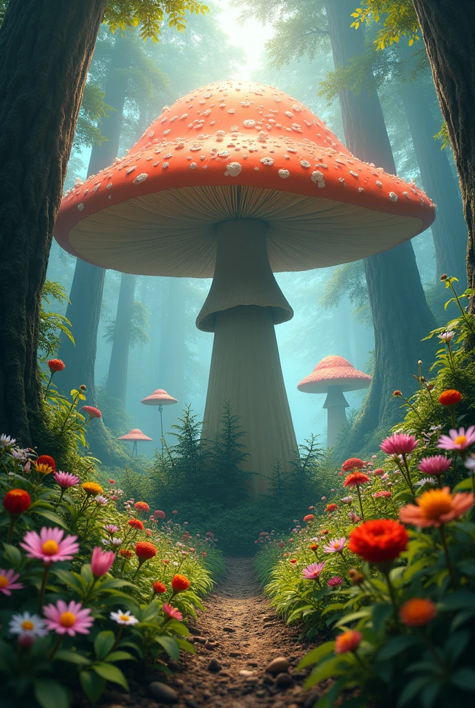 A movie poster,  with a giant mushroom in the middle of a forest and several flowers around it 