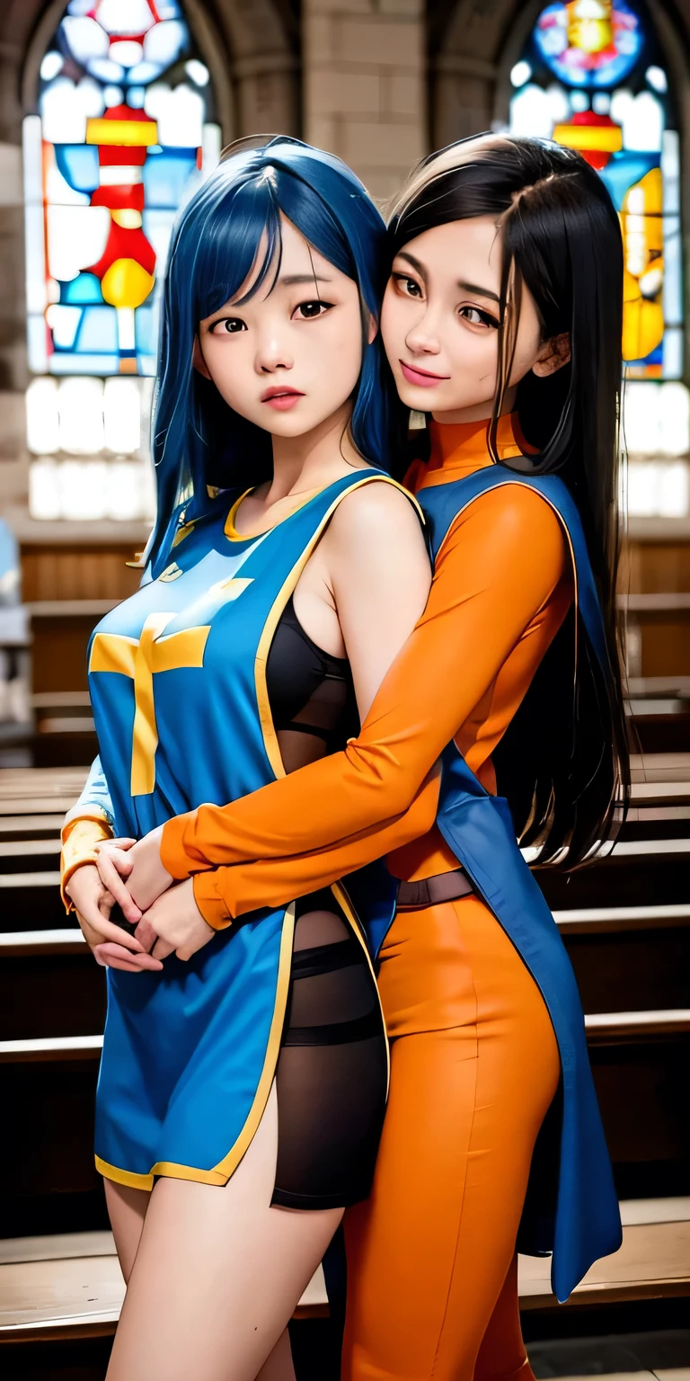 masterpiece, Highest quality, 4K, 8k, priest \(dq3\), ２People Girls, ２By people, Long Hair, Blue Hair, Red eyes, Mitra, Tabard, Cross Print, Orange bodysuit, Elbow hand pockets, Large Breasts, Retention Staff, church, Stained glass, Holy Light, Cowboy Shot, They are hugging each other, View the viewer, Are standing, tights, Alluring, 