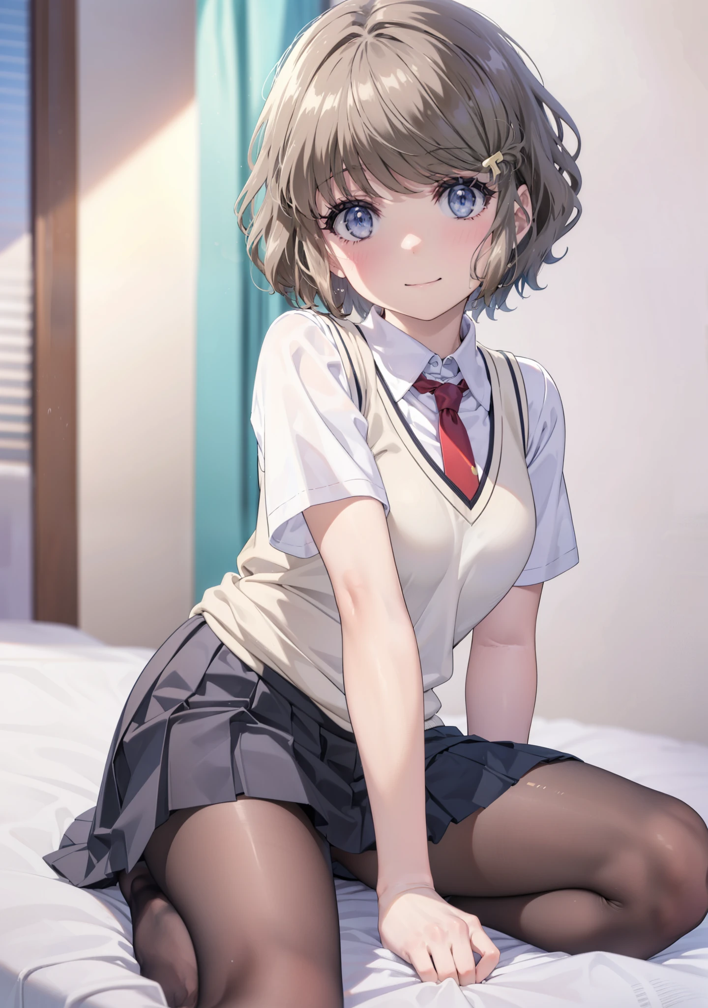 tomoekoga, Chie Koga, short hair, Brown Hair, blue eyes, Hair Clip,smile,blush,
break skirt, shirt, school uniform, white shirt, Short sleeve, Pleated skirt, tie, collared shirt, red tie, Sweater vest,Black pantyhose,Brown loafers,During pregnancy, birth, work, During pregnancyのお腹を抱きしめる,Are standing,whole bodyがイラストに入るように,
break indoors, room,
break looking at viewer, whole body,
break (masterpiece:1.2), Highest quality, High resolution, unity 8k wallpaper, (figure:0.8), (Beautiful attention to detail:1.6), Highly detailed face, Perfect lighting, Highly detailed CG, (Perfect hands, Perfect Anatomy),