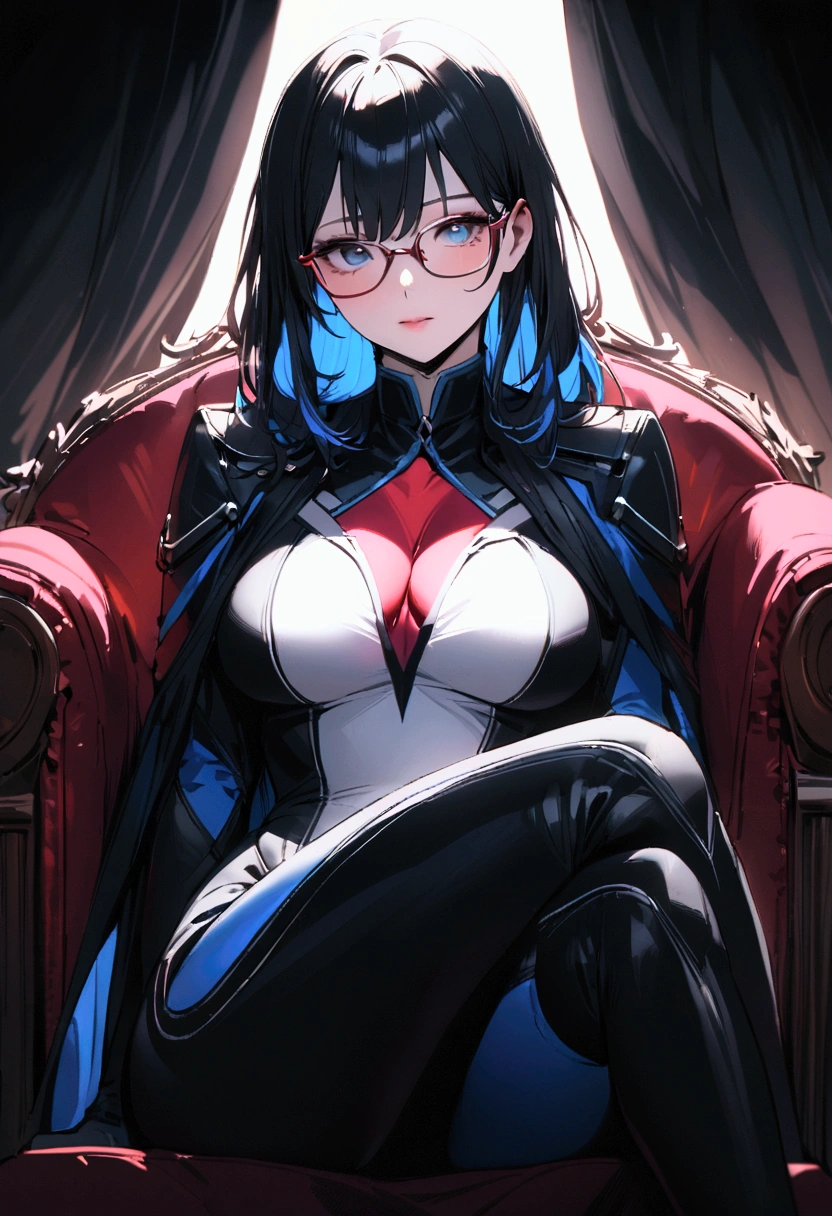 Big breasted girl、Wearing glasses、Hair color is half color、Bodysuits、Condescending composition、Sit on a chair、Crossing your legs、