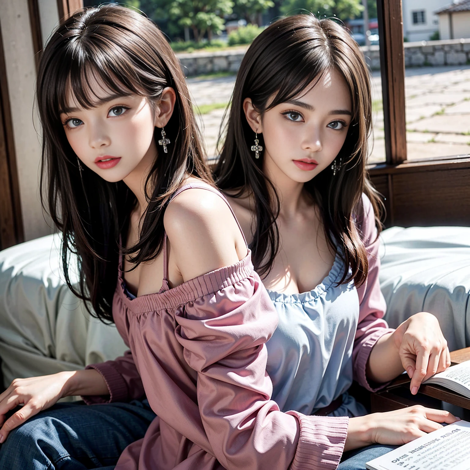 8k,beautiful,best quality,8k,beautiful,best quality,
finely detailed,high quality,insanely detailed,masterpiece,ultra detailed,ultra highres,ultra quality,
Sleepy eyes,Blue eyes,Small nose,Natural makeup,Pink lipstick,eyeshadow,Straight hair,Brown hair,Long Hair,diagonal bang,Room,sitting on a chair,reading a book aloud,be alone,Japan,Camisole,Cross Earrings,have a book,from front,dynamic angle,Slender,