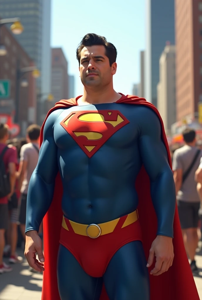 Adult man dressed as Superman , not muscular