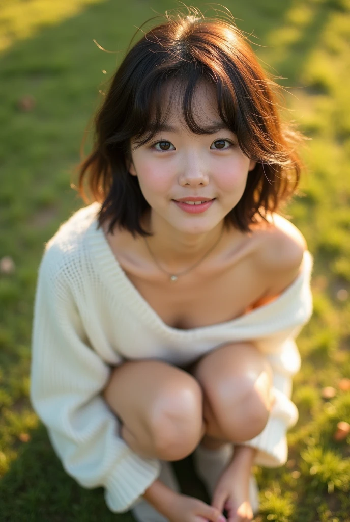 Professional photo-realistic images, (on green in sunset park), (No bra and wearing a loose white pullover) A cute Japanese woman with fluffy short hair 20 years old, she is crouching, leaning forward, and placing her hands on her knees. the pullover collar is dangle down from chest, her breasts and nipples are glimpse from the gap, She looks at me and blushes with a shy smile.　Composition from directly above, nsfw,