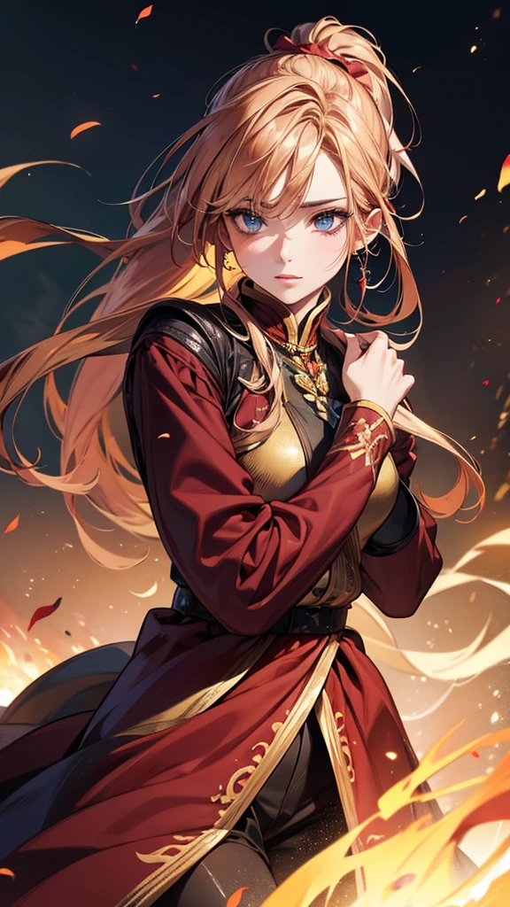 Highest quality, Ultra-high resolution, (Realistic: 1.4), Beautiful eyes, Super beautiful, Beautiful beauty, One person、Wizard, Western style red tones、inflammation、whole body、(Golden Hair、ponytail),Beautiful soldier, Eyes that beckon, Droopy eyeistress's point of view, Attractive look, Fearless smile, (Perfect Anatomy, Anatomically correct, Highly detailed skin), Dancing,