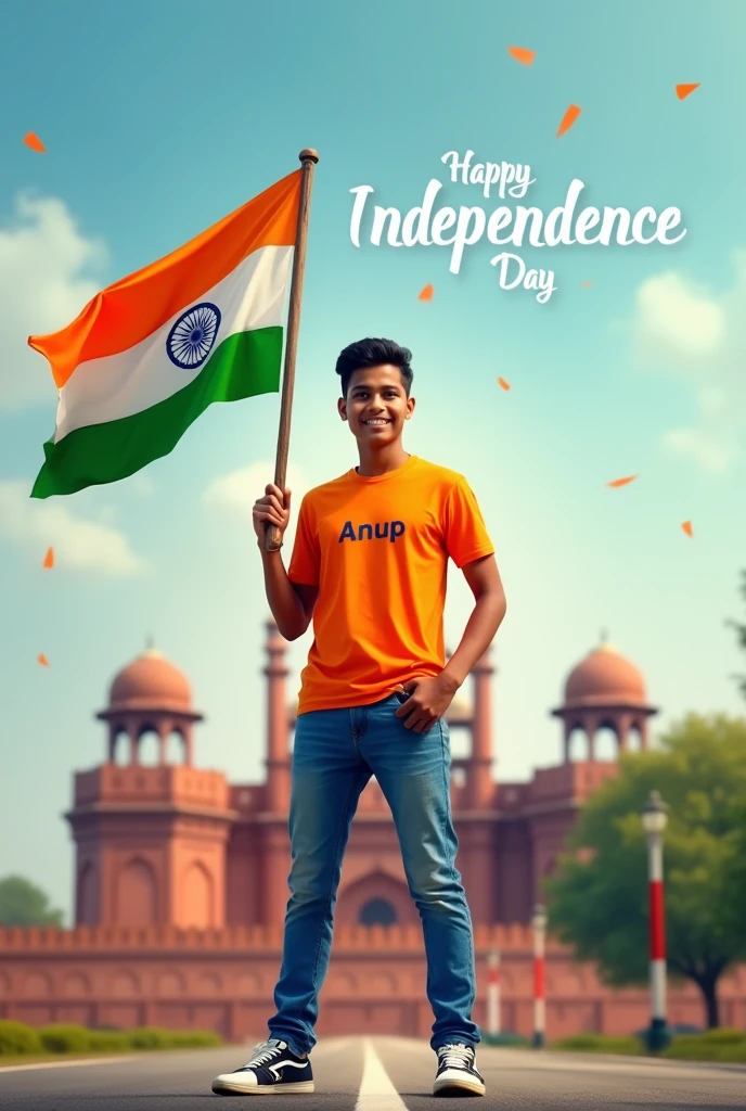 A boy leans on the letter D printed with the Indian flag above the letter D. The boy's t-shirt has the Indian flag printed on it. And back ground Indian flag clour smoking