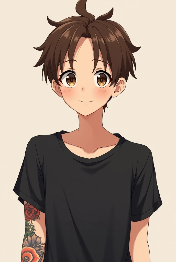 Anime style image of a thin male smiling with brown hair and eyes wearing a black t-shirt and a tattoo on his left arm only 