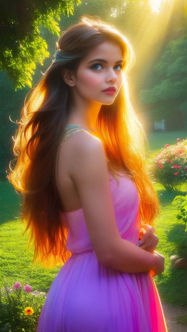 A girl with long, flowing hair (best quality, realistic:1.37), beautiful blue eyes, and luscious lips is standing in a vibrant garden. She exudes an air of confidence and sensuality, her pose suggesting a hint of seduction. The garden is filled with colorful flowers and lush greenery, creating a picturesque backdrop. The sunlight filters through the leaves, casting soft, warm rays on the girl's flawless skin. The scene overall has a dreamy and whimsical quality, reminiscent of a oil painting (masterpiece:1.2). The colors are rich and vibrant, with a slightly warm and romantic tone. The lighting is soft and gentle, enhancing the girl's natural beauty.