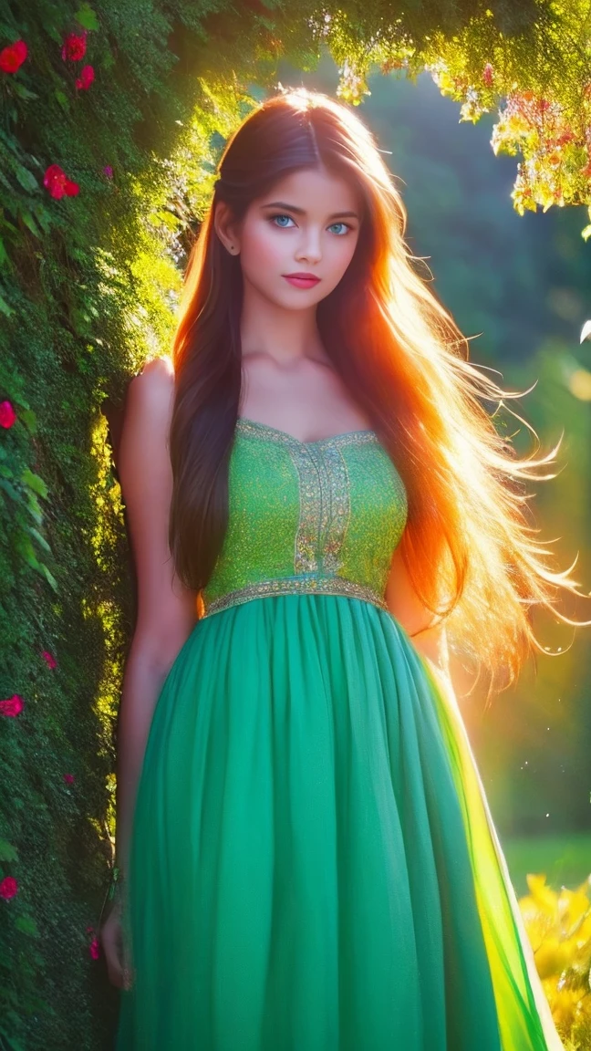 A girl with long, flowing hair (best quality, realistic:1.37), beautiful blue eyes, and luscious lips is standing in a vibrant garden. She exudes an air of confidence and sensuality, her pose suggesting a hint of seduction. The garden is filled with colorful flowers and lush greenery, creating a picturesque backdrop. The sunlight filters through the leaves, casting soft, warm rays on the girl's flawless skin. The scene overall has a dreamy and whimsical quality, reminiscent of a oil painting (masterpiece:1.2). The colors are rich and vibrant, with a slightly warm and romantic tone. The lighting is soft and gentle, enhancing the girl's natural beauty.