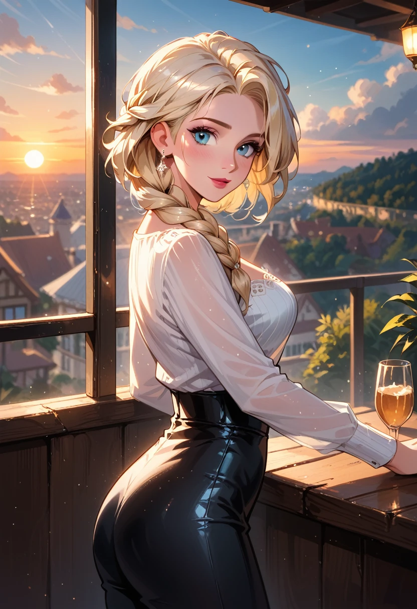 score_9, score_8_up, score_7_up, score_6_up, cinematic film still, 1girl, mature elsa (blonde hair, braid:1.1), tight_black_leather_pants, white_blouse, in a beautiful restaurant, on the balcony, (cinematic lighting:1.2),, (sunset:1.2), shallow depth of field, vignette, highly detailed, high budget, bokeh, cinemascope, moody, epic, gorgeous, film grain, grainy.