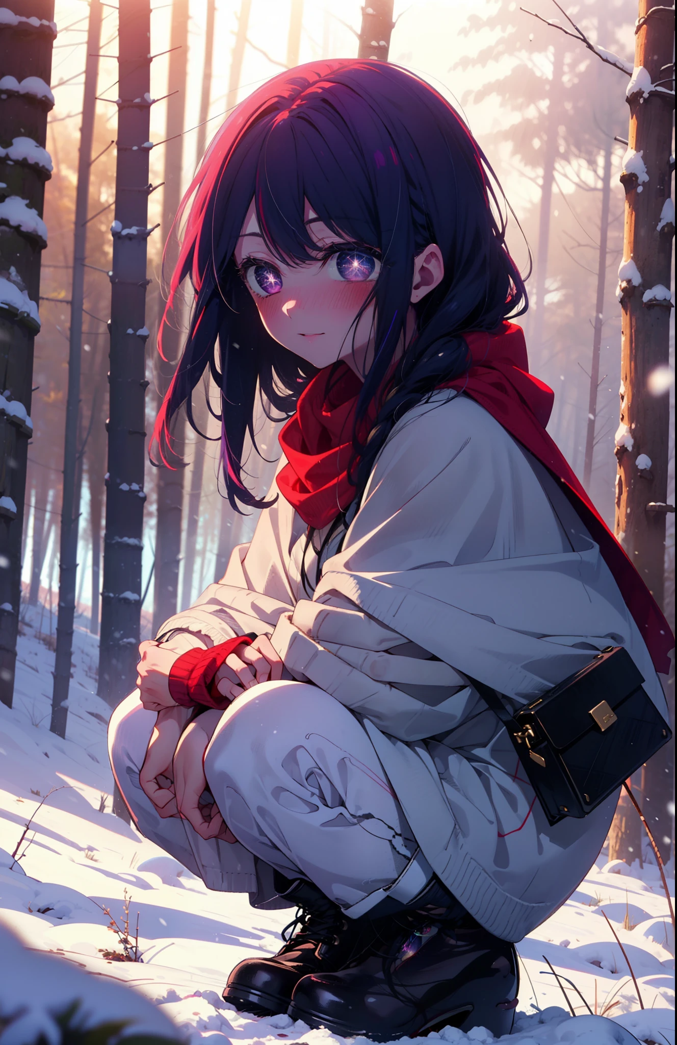 aihoshino, Ai Hoshino, Long Hair, bangs, (Purple eyes:1.1), Purple Hair, (Symbol-shaped pupil:1.5), smile,,smile,blush,white breath,
Open your mouth,snow,Ground bonfire, Outdoor, boots, snowing, From the side, wood, suitcase, Cape, Blurred, , forest, White handbag, nature,  Squat, Mouth closed, Cape, winter, Written boundary depth, Black shoes, red Cape break looking at viewer, Upper Body, whole body, break Outdoor, forest, nature, break (masterpiece:1.2), Highest quality, High resolution, unity 8k wallpaper, (shape:0.8), (Beautiful and beautiful eyes:1.6), Highly detailed face, Perfect lighting, Highly detailed CG, (Perfect hands, Perfect Anatomy),